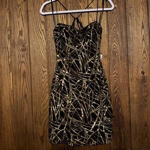 Jump Black & Gold Sequin Mini Dress with Strappy Neckline